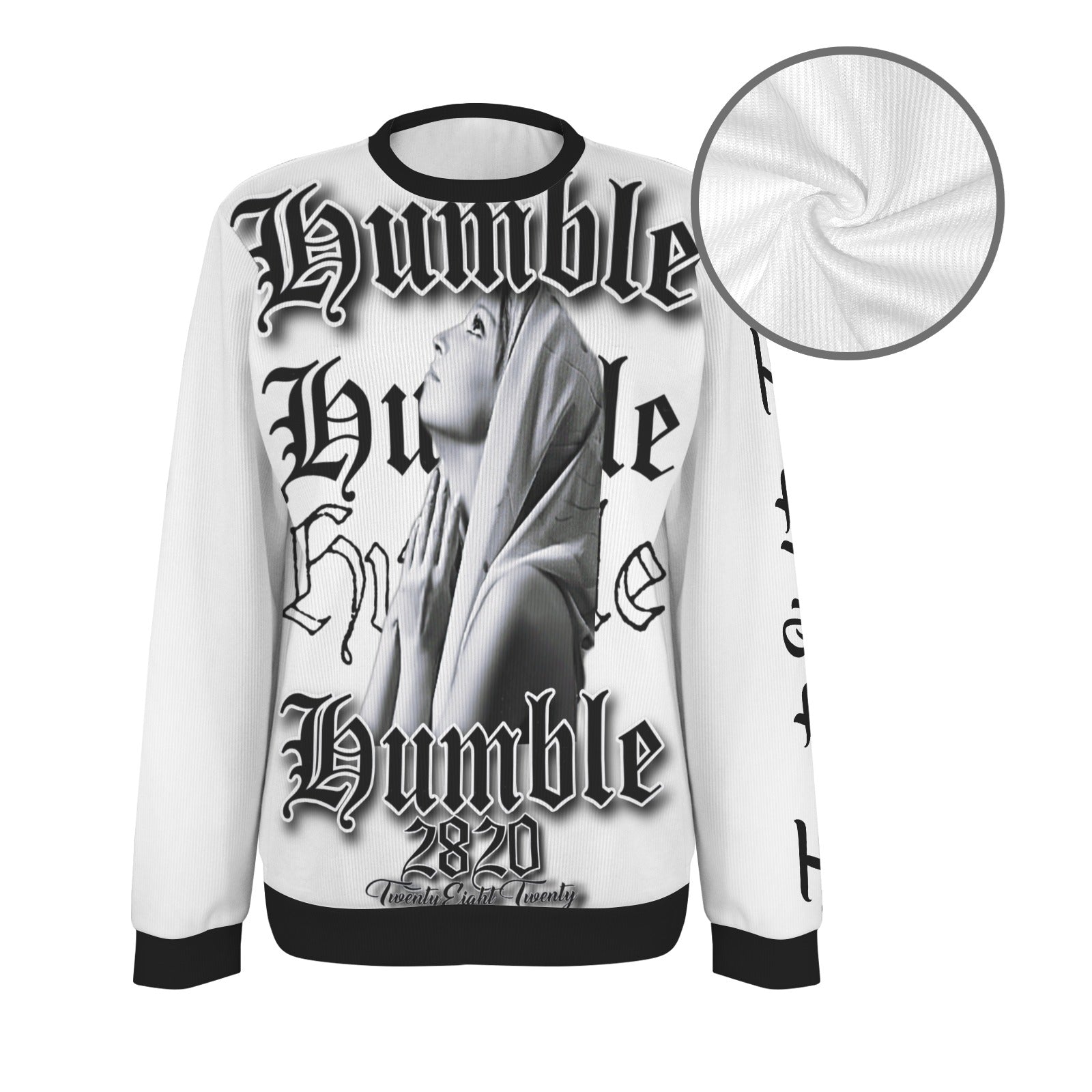 white and black humble sweater