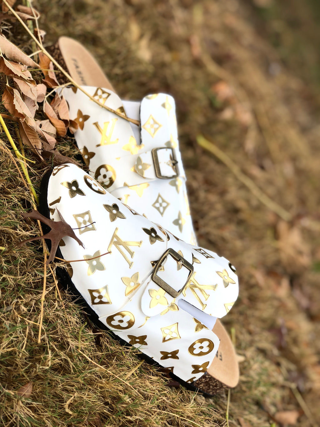 White and Gold LV Footbed Slides