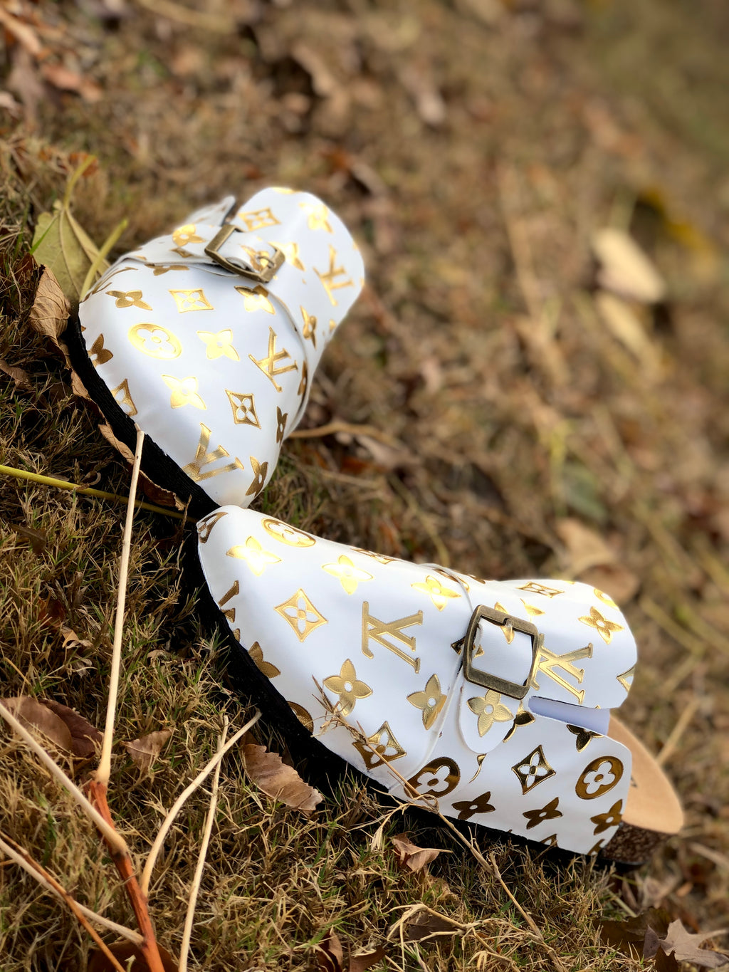 White and Gold LV Footbed Slides