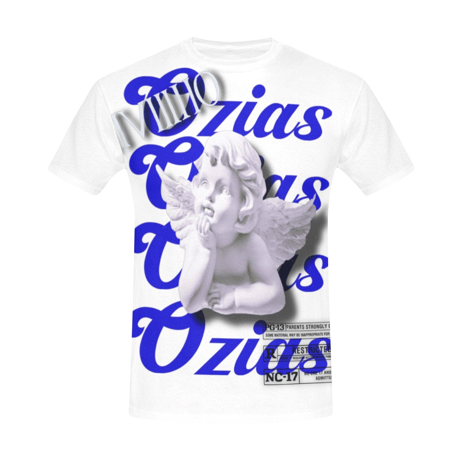 white and blue ozias angel shirt