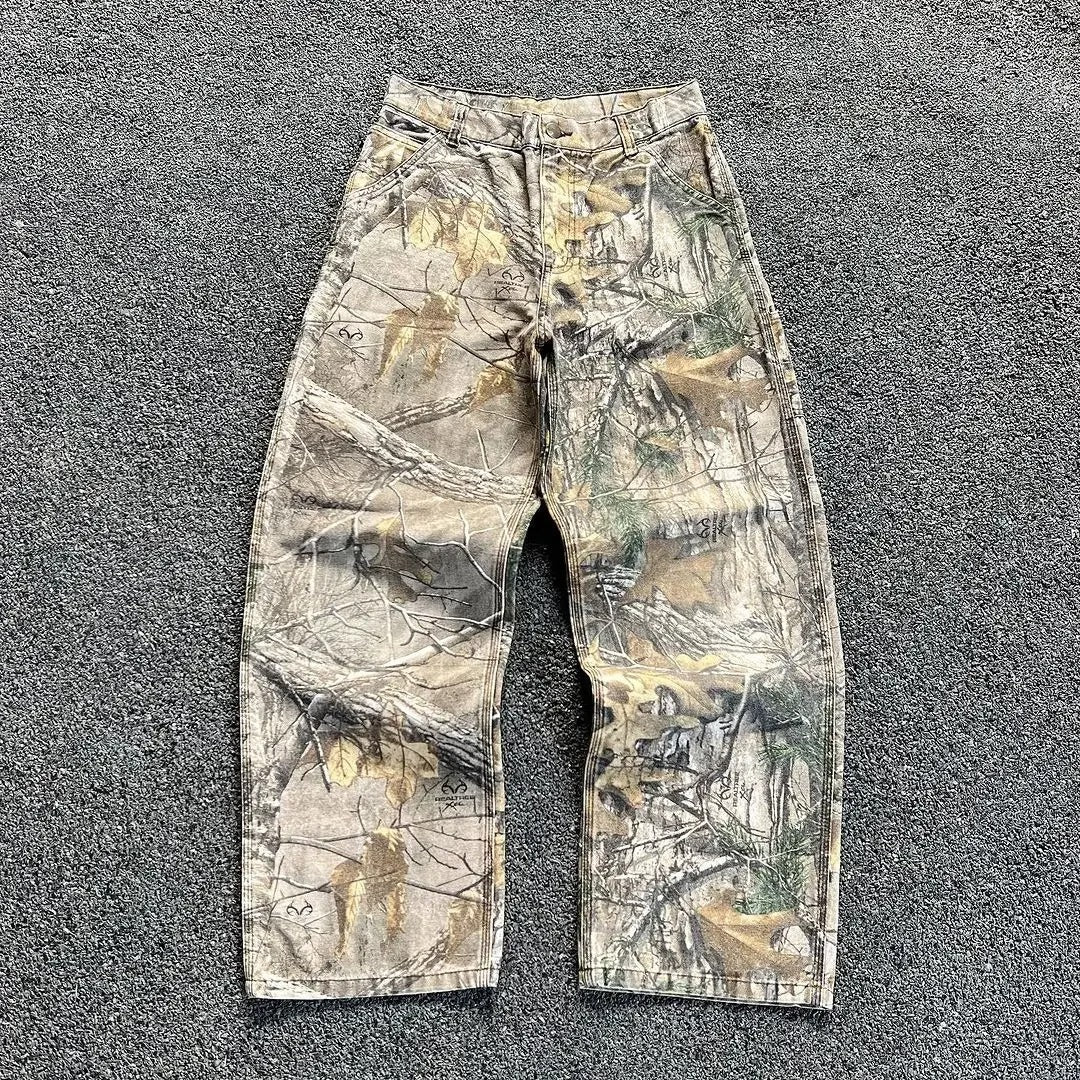 Wash camouflage pants, branch men's style American distressed wide-leg loose straight-leg denim pants