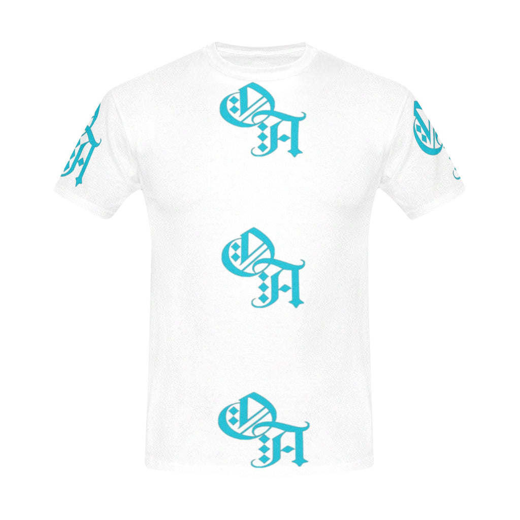 white and teal oa shirt