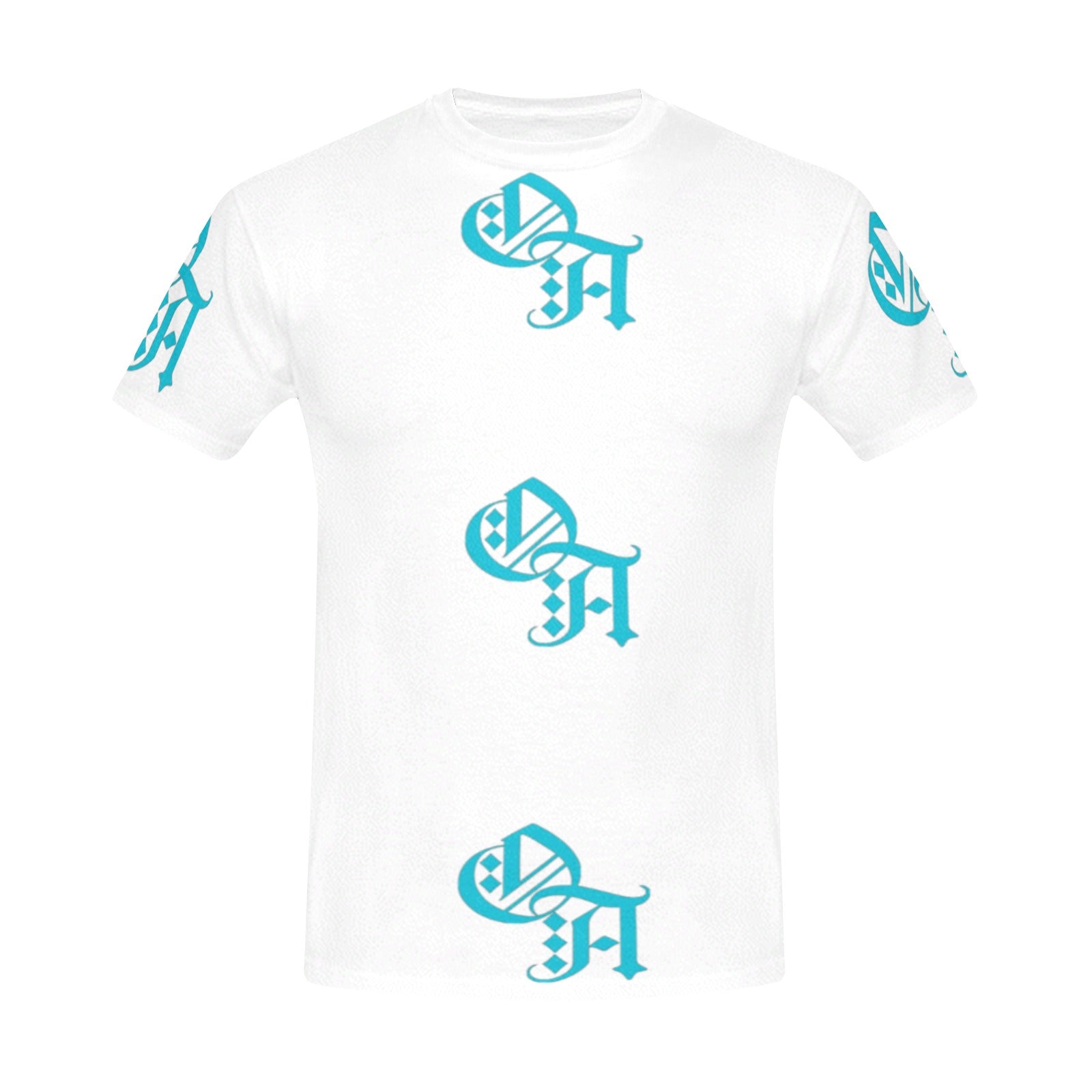 white and teal oa shirt