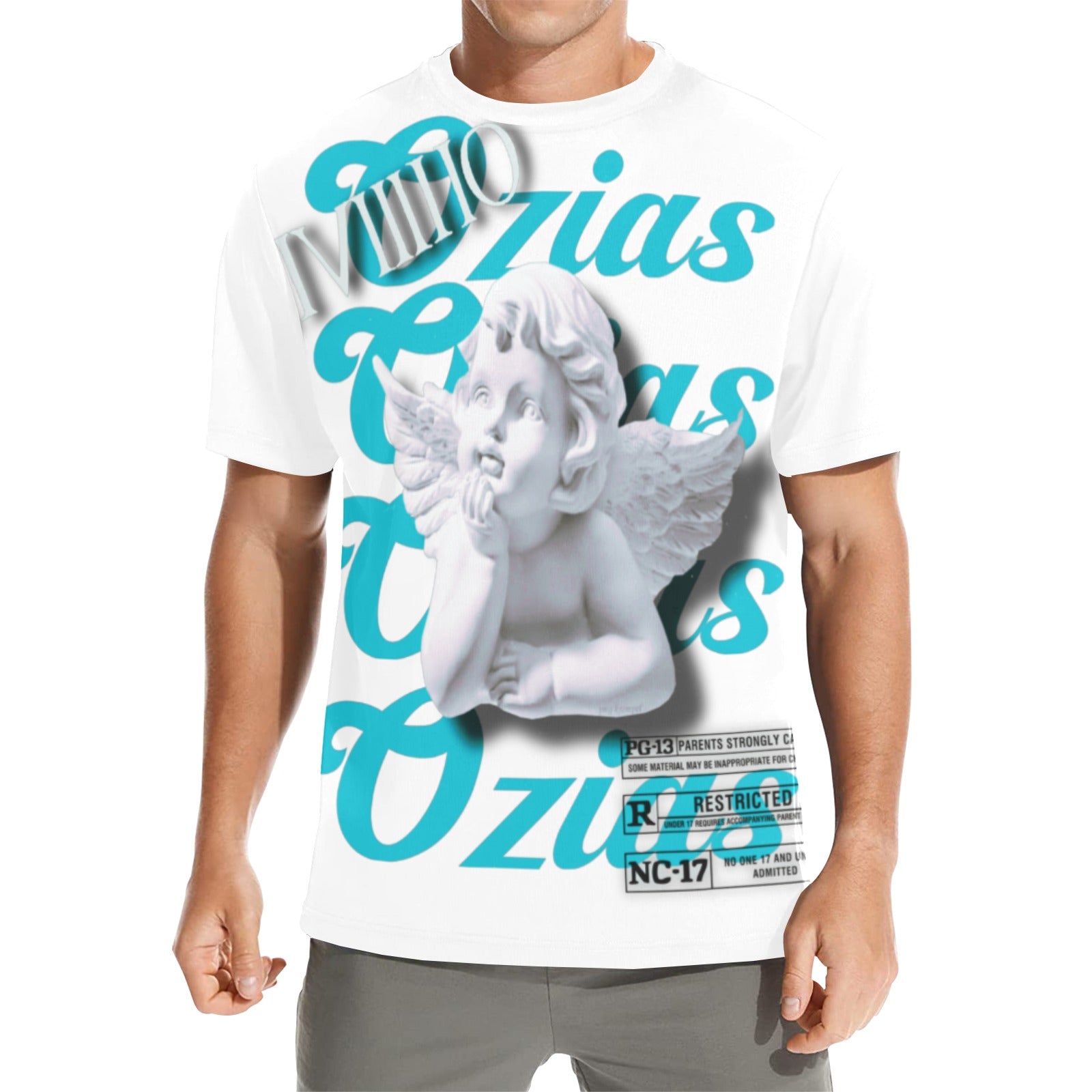 white and teal ozias angel shirt