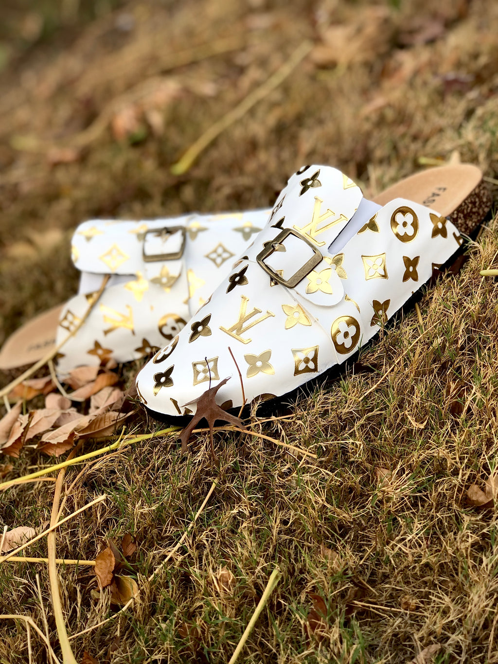 White and Gold LV Footbed Slides