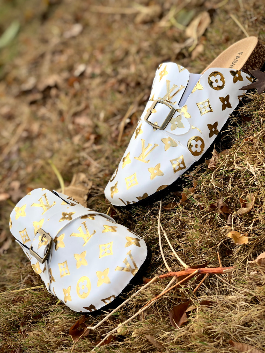 White and Gold LV Footbed Slides