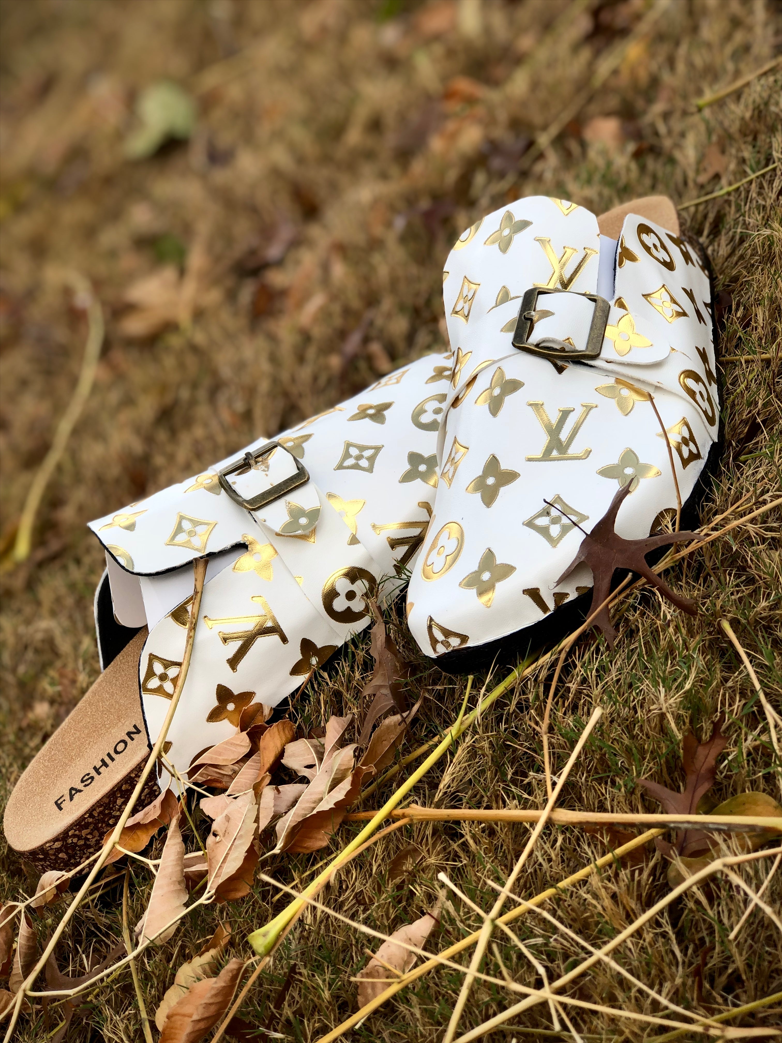 White and Gold LV Footbed Slides