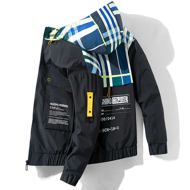 Autumn hooded print cargo jacket men 2020 new loose plus size matching color coat men