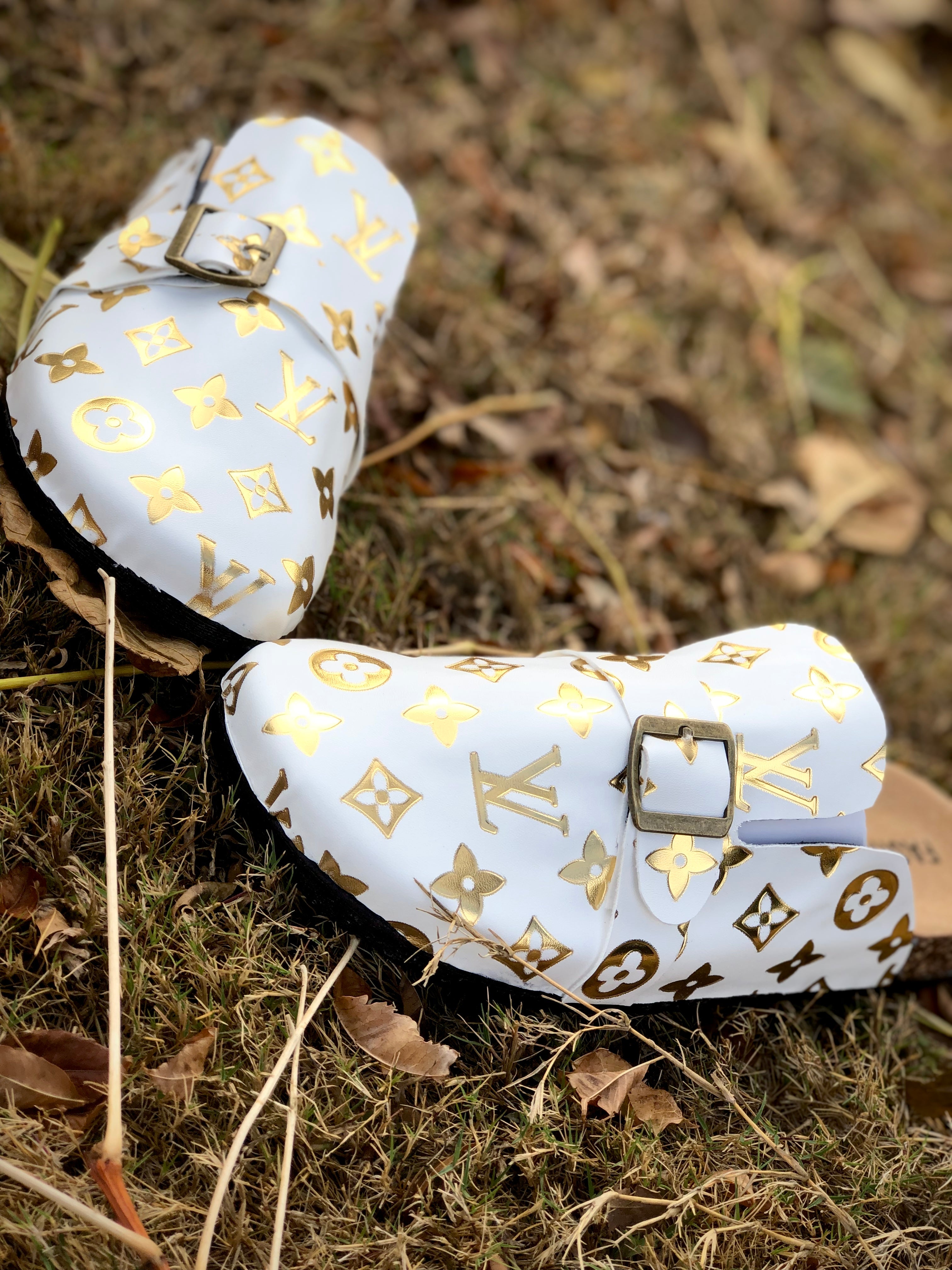 White and Gold LV Footbed Slides