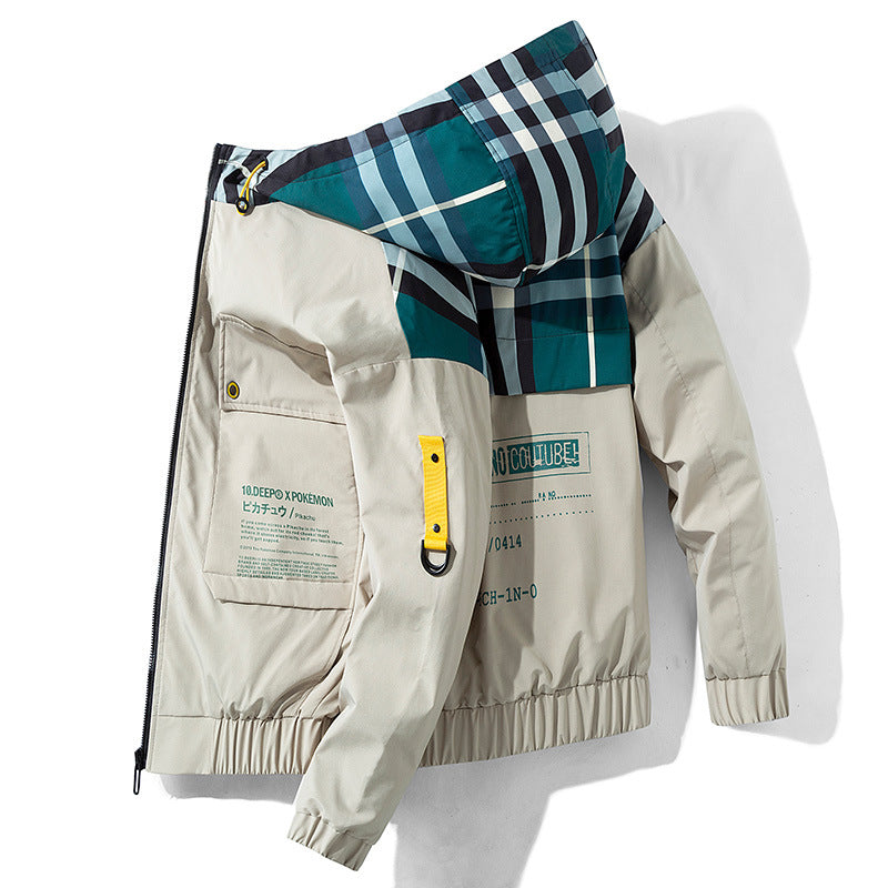 Autumn hooded print cargo jacket men 2020 new loose plus size matching color coat men