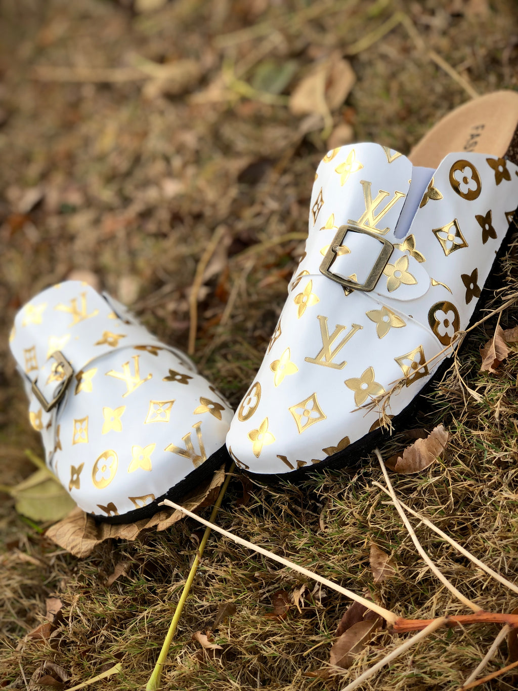 White and Gold LV Footbed Slides