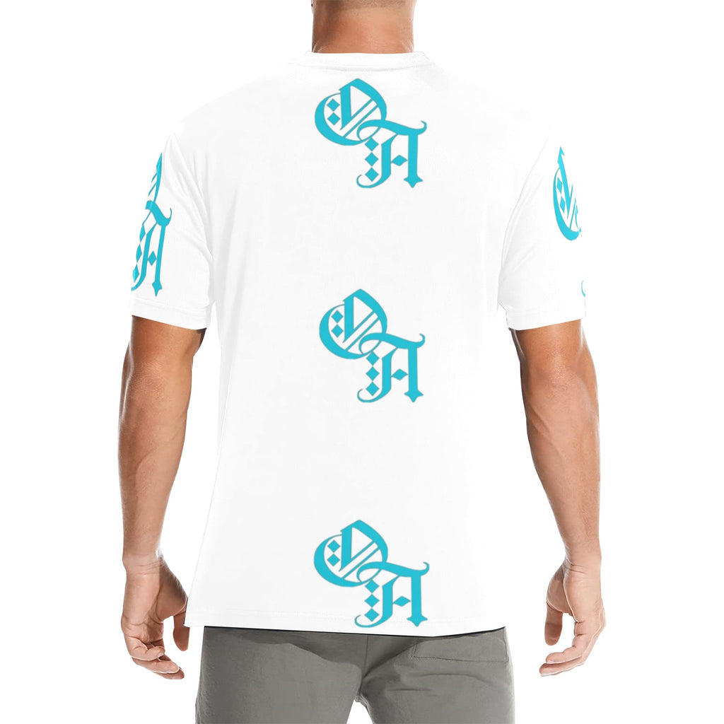 white and teal oa shirt