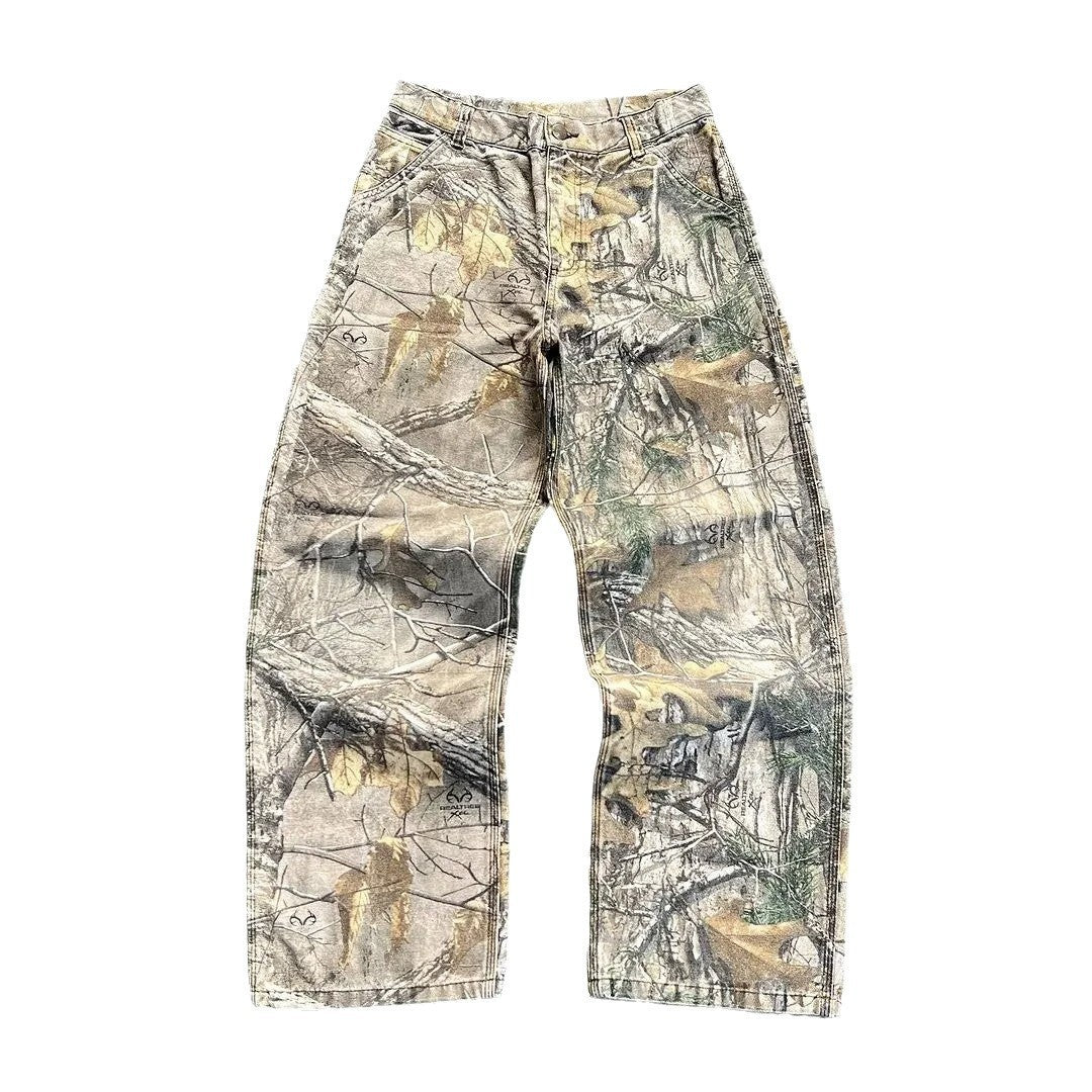 Wash camouflage pants, branch men's style American distressed wide-leg loose straight-leg denim pants