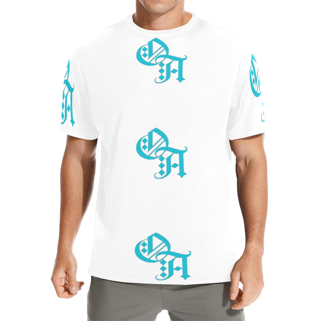 white and teal oa shirt