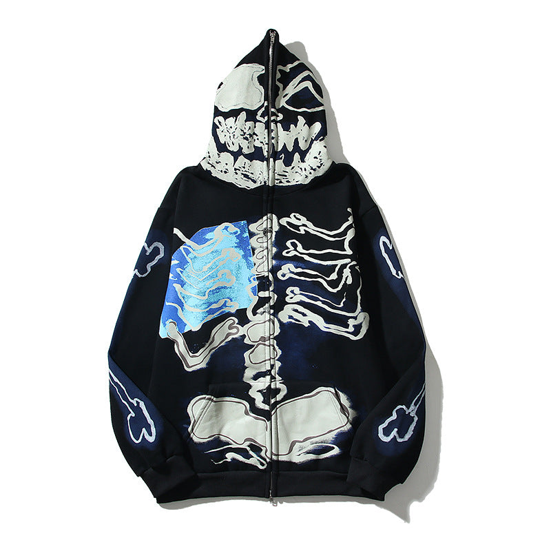 Cross border source New European and American fashion hip hop ins Skeleton hoodie zipper fleece jacket for autumn/winter 2021