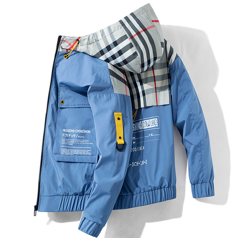 Autumn hooded print cargo jacket men 2020 new loose plus size matching color coat men