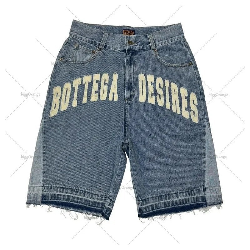 American street lettered denim shorts for men, y2k casual embroidered bone denim shorts