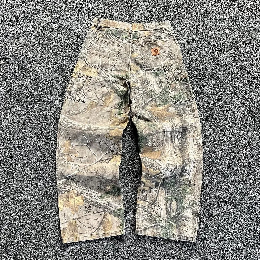 Wash camouflage pants, branch men's style American distressed wide-leg loose straight-leg denim pants