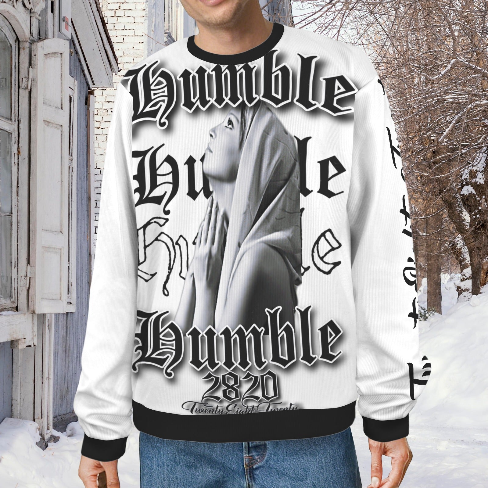 white and black humble sweater