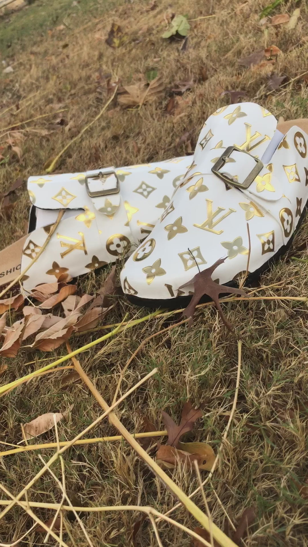 White and Gold LV Footbed Slides